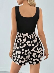 SHEIN Tall Summer Women's Square Neck U-Neck Splice Printed Casual Vacation Romper