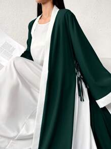 Yasmyna Ladies Solid Color Patchwork Long Sleeve Drawstring Loose Abaya, Casual,Modest Maxi Length Robe, Spring/Summer - Dark Green - View 3