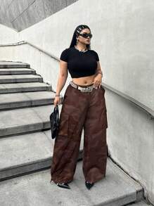 Flirla Plus Size Front Button, Multiple Pocket, Camouflage Loose Casual Pants