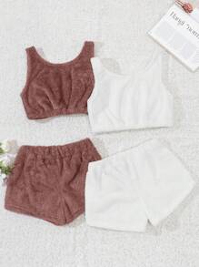 RueChic 2pcs Solid Flannel Tank Top & 2pcs Shorts Lounge Set - Multicolor - View 1