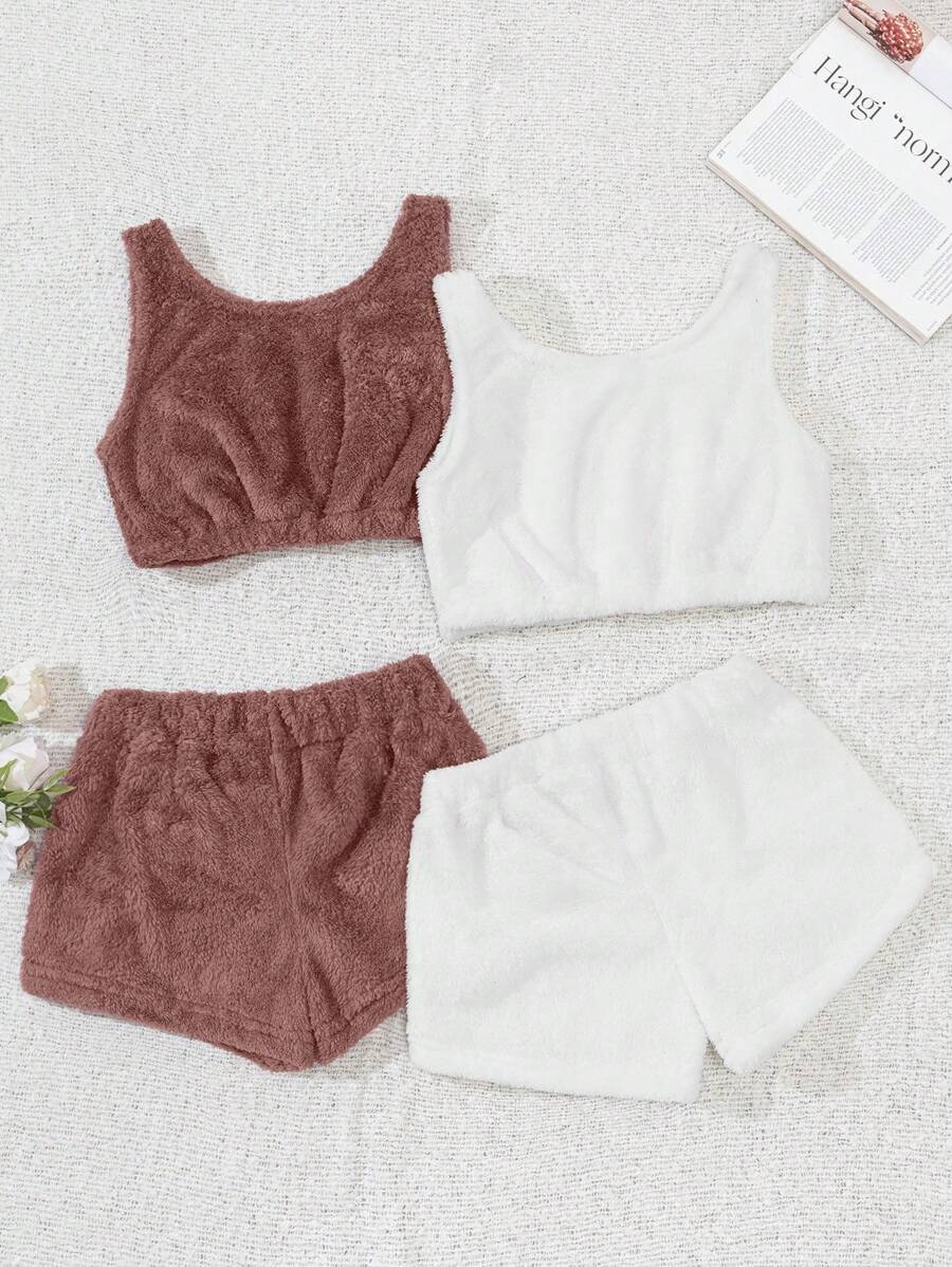 RueChic 2pcs Solid Flannel Tank Top & 2pcs Shorts Lounge Set - Multicolor - View 1