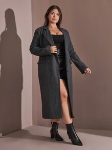 RueChic Plus Women's Lapel Neck Double Breasted Overcoat - Grey - View 3