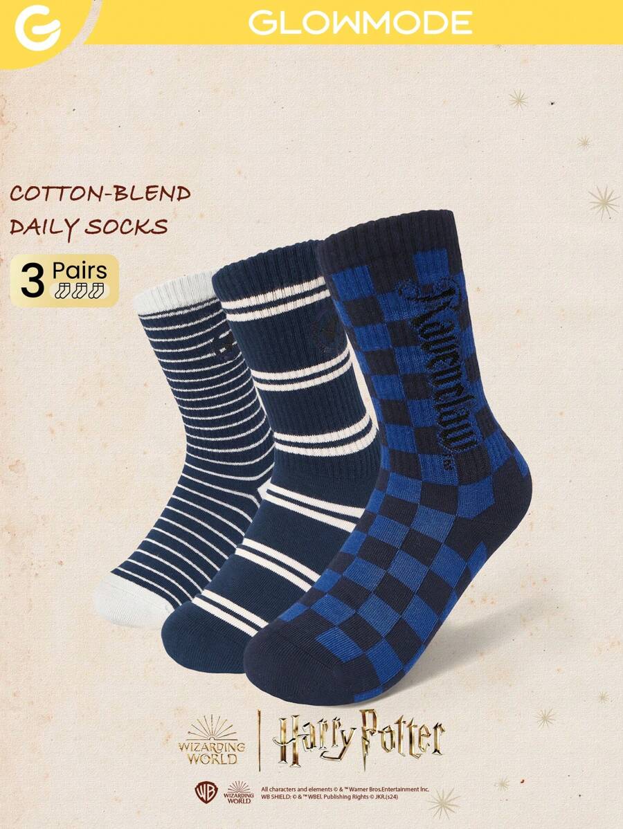 GLOWMODE X HARRY POTTER Bộ 3 đôi tất cổ cao cotton mềm mại co giãn có gân jacquard thêu hàng ngày thường ngày - Màu xanh hải quân - Xem 1