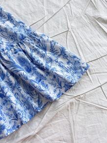 Soleia Women's Backless White And Blue Floral Splice Ruffle Hem Mini Dress,Vacation Holiday Holiday,Renaissance Cottage Core Dresses No Chest Padding - Blue and White - View 6