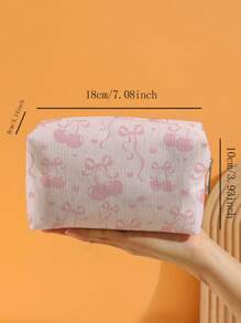 ROMWE Kawaii Bow-Knot Cherry Pattern Flannel Cosmetic Bag - Multicolor - View 4