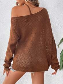SHEIN VCAY Solid Color Asymmetric Collar Long Sleeve Pullover Sweater,Off Shoulder,Women Sweaters,Halloween Customs Women - Brown - View 2