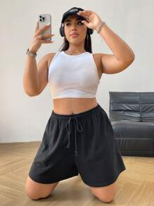 SHEIN EZwear Quần short dây rút màu đen có túi mùa hè dành cho nữ cỡ lớn - màu đen - Xem 5