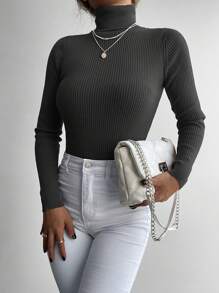 RueChic Turtleneck Ribbed Knit Slim Fit Sweater - Grey - View 6