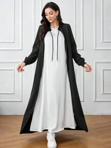 Al Najma 女士时尚端庄优雅迷人长袖拉链长袍 Abaya，休闲运动立领前拉链闭合长袍，适合日常休闲/工作/返校 - 黑色 - 查看 3