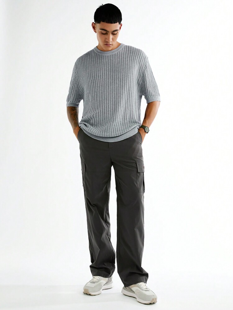 Manfinity VCAY Suéter holgado de punto de manga corta casual para hombres - Gris Claro - Añade 3