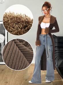 Coolane Y2K Fashion Vintage Rib Knit Flannelette Textured Lace Up Brown Long Cardigans