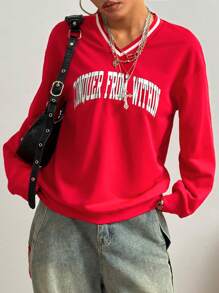 StreetHx 女士街头风字母印花红色套头卫衣 秋季卫衣 - 紅色 - 查看 4