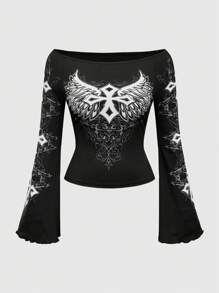 ROMWE Grunge Punk Women's Fashionable Cross Printed Off-Shoulder Flared Sleeve T-Shirt, Spring/Autumn