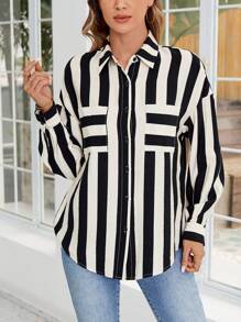 SHEIN LUNE Women's Button-Up Long Sleeve Allover Print Fashion Charm Blouse - Black and White - View 3