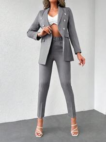 SHEIN Cottnline Striped Print Double Breasted Blazer & Pants - Light Grey - View 4