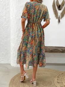 SHEIN LUNE Floral Print Vacation Dress With V-Neck, Half-Buttoned Front, Puff Sleeves, Bubble Hem, And Side Slit - Multicolor - View 2