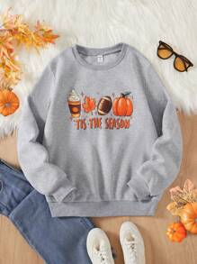 Teen Girl Fall Simple Print Round Neck Long Sleeve Sweatshirt - Grey - View 1