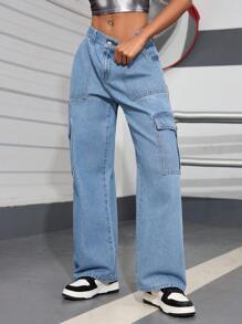 SHEIN PETITE Pantalones vaqueros rectos casuales de moda con botón en la cintura y bolsillos laterales para mujer