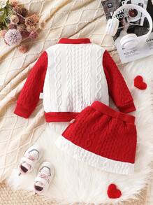 女婴拼色时尚毛衣和裤子 2 件套，秋冬