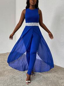 Zolique 女士撞色网眼无袖连身裤 - 藍色 - 查看 3