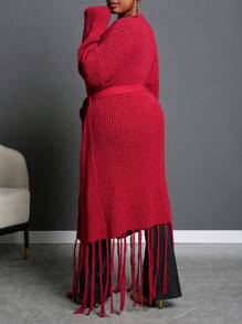 Slaydiva Veste d'hiver pour femmes grande taille, couleur unie, avec nœud papillon et manches à franges, couleur bordeaux - Rouge foncé - Voir 4