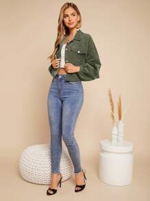 SHEIN LUNE 女士春秋长袖休闲工装口袋短夹克 - 軍綠色 - 查看 7