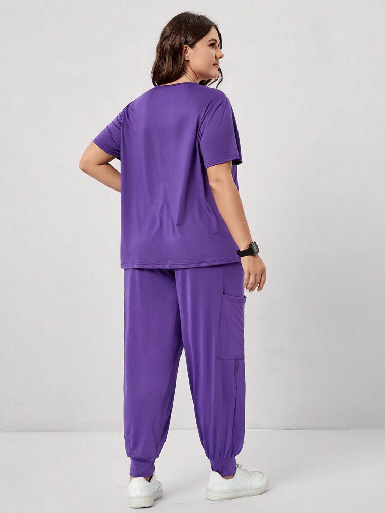 TaskEZ Colorful Stretch Knit Contrast V-Neck Scrub Top With Double Patch Pockets Plus Ssize Scrub Uniform Top - Purple - View 2