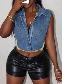 SHEIN Slayr Top crop din denim fără mâneci pentru femei, cu design cu fermoar și tiv rupt - Spălare medie - Vizualizare 6