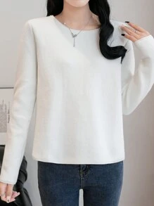 SHEIN Unity Women's Solid Color Round Neck Slim Fit Fleece Thickened Base Layer Sweater, Knit Pullover Fall Winter - White - View 3