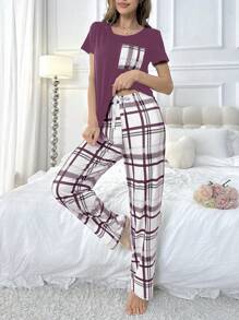 Plaid Short Sleeve Pajama Set For Women - Purple - View 5