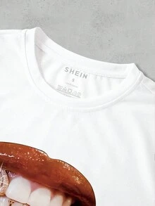 SHEIN Slayr Áo thun cổ tròn in hình môi tay ngắn mùa hè giản dị cho nữ - trắng - Xem 4
