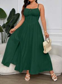 Flirla Plus Size Solid Color Spaghetti Strap Front Drawstring Split Thigh Dress, Maxi Vacation Beach Outfits Women