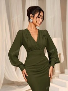 Faeriesty Elegant Cross-Over V-Neck Lantern Sleeve Mermaid Hem Dress - Sophisticated Timeless Design For Spring/Summer Weddings, Galas, Red Carpet Bridesmaid Dress