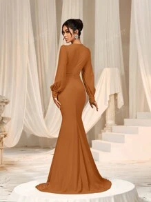 Faeriesty Elegant Cross-Over V-Neck Lantern Sleeve Mermaid Hem Dress - Sophisticated Timeless Design For Spring/Summer Weddings, Galas, Red Carpet