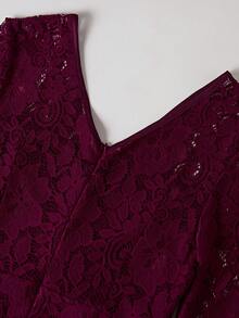 SHEIN Clasi Ladies Elegant Long Sleeve Lace Flounced Midi Dress, Autumn & Winter - Red - View 6