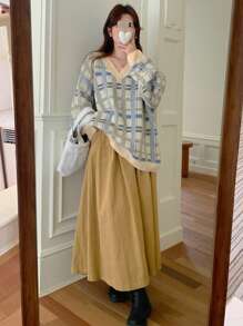 DAZY Damen Loose V-Ausschnitt Langarm Strickpullover, Herbst/Winter Karomuster