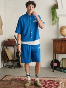 Manfinity NXTstreet Men's Simple Printed Short Sleeve Shirt And Shorts Set,Boxy Fit - Blue - View 4