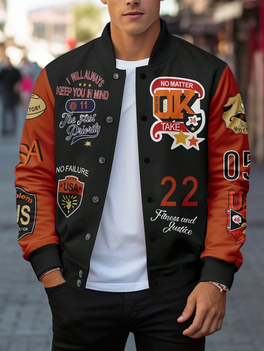 Manfinity LEGND Jaqueta de Beisebol com Estampa de Emblema Colorido Plus Size Masculino - Multicolorido - Visão 1
