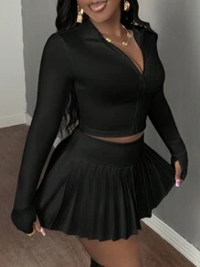 Slaydiva 2pcs Women's Casual Zip-Up Top And Pleated Mini Skirt Tennis Outfit Set - Ladies Casual Zipper Slim Fit Black Regular Sleeve Women Tops & Pleated Skirt Women Two-Piece Outfits, Spring/Summer, Casual Daily Wear