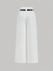 SHEIN MOD White Belted Pleated Cargo-Style Straight-Leg Pants,Gym Women Clothes,Cargo Women Pants,Business Women Clothes,Street Wear Women,Baggy Women Pants,Homecoming