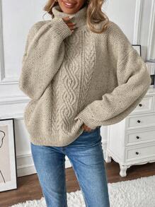SHEIN LUNE Solid Color High Collar Cable Knit Casual Long Sleeve Sweater, Knit Pullover Fall Winter - Apricot - View 3
