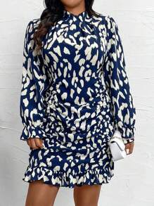 SHEIN Unity Vestido casual de manga larga con cuello, plisado y estampado de leopardo en talla grande, estampado aleatorio - Multicolor - Ver 3