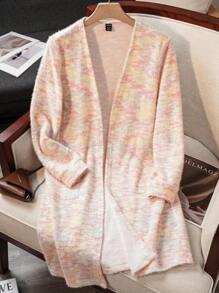 SHEIN Essnce Women Rainbow Long-Sleeved Mid-Length Cardigan Colorful Gradient Fluffy Knitted Cardigan Coat With Drawstring, Long Sleeve And Dual Pockets