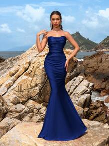 Faeriesty Women Elegant Women's Elegant Strapless Heart-Shaped Neckline Ruched Fishtail Evening Gown - Suitable For Weddings, Red Carpet Events, Formal Dinners And Other Formal Occasions,Summer Holiday Outfits - Royal Blue - View 2