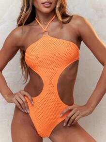 MISSGUIDED Rhinestone Embellished Cut-Out Halter Neck One Piece Swimsuit Summer - Orange - View 3