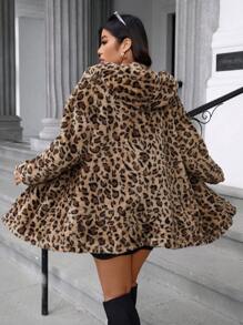 Allurite 大码豹纹毛绒长袖夹克，秋冬 - 棕色 - 查看 2