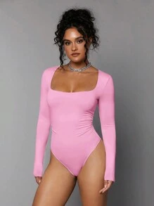 Silquee 女士纯色方领长袖休闲 T 恤紧身衣，春夏