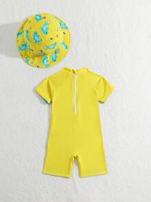 SHEIN Bộ đồ bơi liền thân in họa tiết cho bé trai kèm mũ miễn phí - Nhiều màu - Xem 2