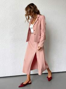 SHEIN Privé 2 件套女士秋季职业翻领西装外套和开衩长裙套装教师制服 - 珊瑚粉 - 查看 3