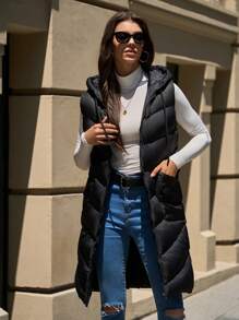 EURMUSE Petite Sleeveless Hooded Zip-Up Long Padded Coat With Pockets - Black - View 3